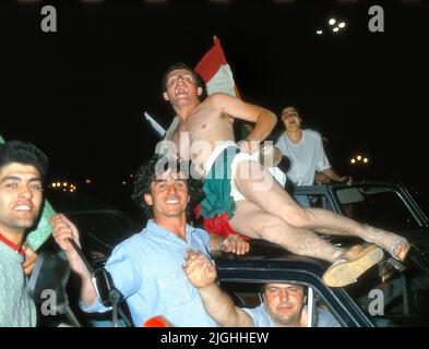 Naples, Italy. July 11, 1982. the Neapolitans celebrate the victory of the Italian soccer team at the soccer world championships held in Spain. The match was played in Madrid. Stock Photo