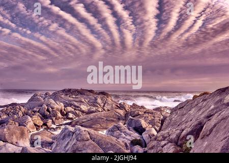 Dreamy beach. Ocean view - Camps Bay, Table Mountain National Park, Cape Town, South AfricaBeach, sunshine and clouds. Stock Photo