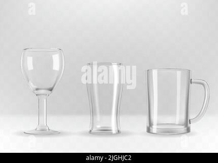Vector set of photo-realistic transparent beer glasses, mugs and goblets. Stock Vector