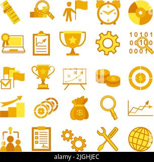 25 yellow flat business success themed icon elements. Search, review and productivity rise up concept. Vector illustration for poster, leaflet, web si Stock Vector