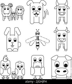9 black and white line art farm elements set. Domestic cartoon animals. Summer themed vector illustration for icon, stamp, label, badge, sticker, gift Stock Vector