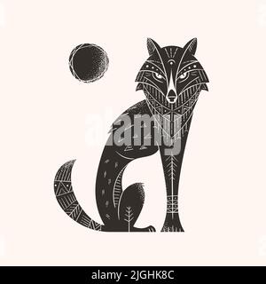 Tribal, ethnic, ancient style wolf and moon vector illustration. Stylish hand drawn logo, icon, tattoo, poster or print design. Stock Vector