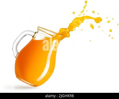 flying pitcher spilling orange juice isolated on white Stock Photo