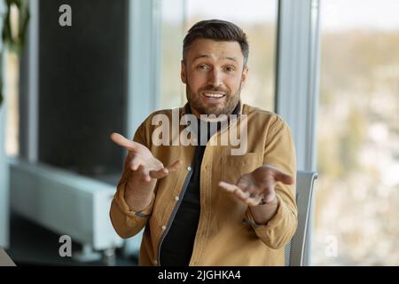 Business Man Talking Video Calling Communicating Online Sitting In Office Stock Photo
