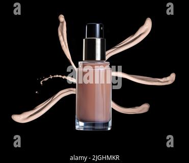 liquid foundation bottle and squirts on black background Stock Photo