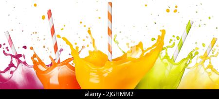 drinking straws in fruit juice splashes set isolated on white Stock Photo