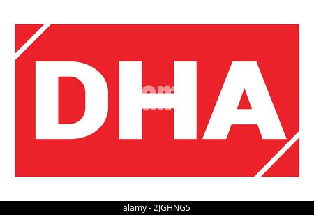 DHA text written on red rectangle stamp sign. Stock Photo