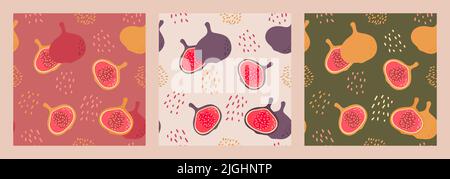 Set of seamless patterns with figs painted on different craft tones and different colors. Ideal for packaging wine or port. Stock Vector