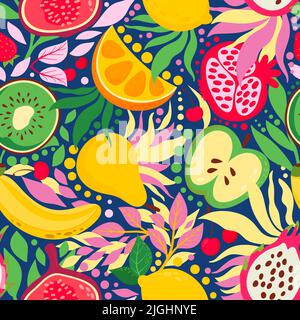 Bright, summery fruit mix. Seamless pattern. Modern exotic design for wrapping, wallpaper, fabric, decoration print, interior décor and more Stock Vector