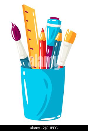 Ruler Pencil and Paint Brush in Cup Stock Vector - Illustration of  creativity, concept: 138070185