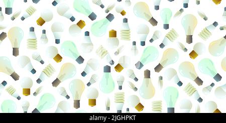 Glass electric light bulb. Lighting device. Energy Saving Technologies. Isolated on white background. Seamless pattern. Vector Stock Vector