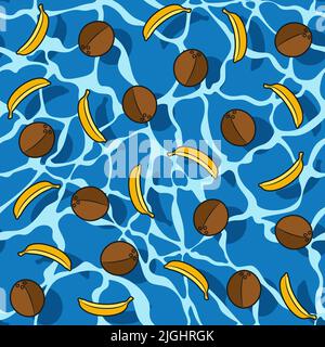 Seamless pattern with bananas and coconuts in water. Vector colored summer background. Stock Vector