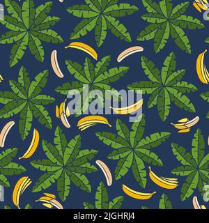 Seamless pattern with palms and bananas. Tropical vector background with isolated objects on blue. Stock Vector