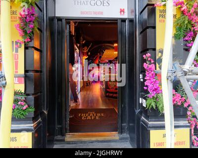 London, Greater London, England, June 15 2022: Colourful entrance and interior of the Theatre Cafe. Stock Photo