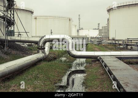 Pipeline chemistry factory with large shine tanks for the mixer product engine oil Stock Photo