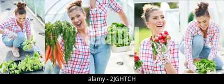 Beautiful image collage of young woman gardener working Stock Photo