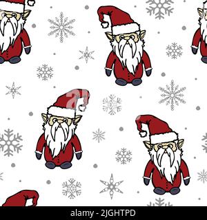 Seamless vector pattern with Santa Claus on white background. Simple seasonal winter wallpaper design. Christmas elf fashion textile. Stock Vector