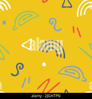 Seamless vector pattern with fun shapes on yellow background. Simple hand drawn doodle wallpaper design. Decorative happy summer fashion textile. Stock Vector