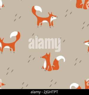 Seamless vector pattern with hand drawn fox on grey background. Simple animal wallpaper design for children. Wildlife fashion textile. Stock Vector