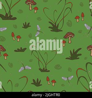 Seamless vector pattern with mushrooms and dragonfly's on green background. Magical forest wallpaper design for children. Stock Vector