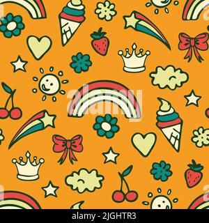 Seamless vector pattern with summer badges on yellow background. Simple decorative rainbow wallpaper design for children. Stock Vector