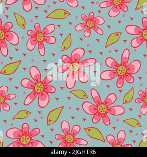 Seamless vector pattern with pink flowers on blue background. Cute floral wallpaper design. Hand drown summer garden fashion textile. Stock Vector