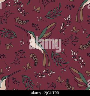 Seamless vector pattern with beautiful hummingbird on dark red background. Simple tropical bird wallpaper design. Decorative vintage fashion textile. Stock Vector