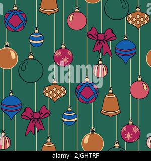 Seamless vector pattern with Christmas baubles  on green background. Simple winter holiday wallpaper design. Decorative festive fashion textile. Stock Vector