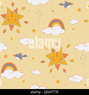 Seamless vector pattern with happy suns and rainbows on pink background. Cute sky wallpaper design for children. Baby shower fashion textile. Stock Vector