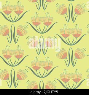 Seamless vector pattern with pink flowers on yellow background. Simple gentle floral wallpaper design. Romantic fashion textile. Stock Vector