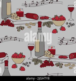 Seamless vector  pattern with red wine platter of food on grey background. Decorative kitchen wallpaper design. Food and drink fashion textile. Stock Vector