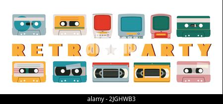 Video and audio tape, TV with vhs. Retro party. Set of vector isolated elements for retro design. Stock Vector