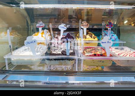 ice cream shop front store many flavors and colors in Skiathos island, Greece Stock Photo