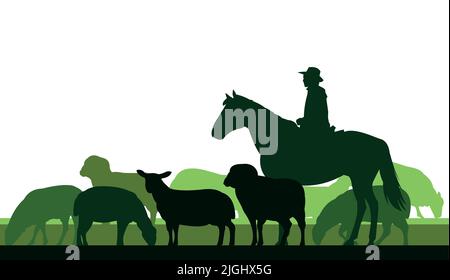 Sheep graze in pasture. Picture silhouette. Farm pets. Domestic animals wool. Isolated on white background. Vector. Stock Vector