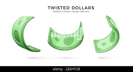 Green Paper Dollar. 3D realistic banknote currency in cartoon style. Set of twisted paper bill. Vector illustration Stock Vector