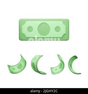 Green Paper Dollar Note. Set of 3D realistic banknote currency in cartoon style. Set of twisted paper bill. Vector illustration Stock Vector