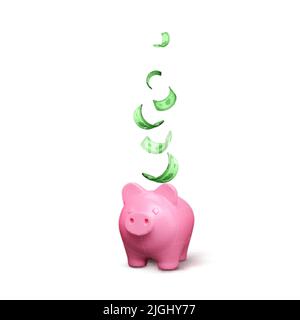 Pink piggy bank with falling green paper dollar. Finance investment banner isolated. Save money concept. Vector illustration Stock Vector