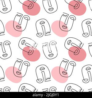 People one line drawing women faces seamless pattern Stock Vector