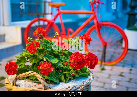 Beautiful decorated shops at the city center of Chora town in Skiathos island, Sporades, Greece Stock Photo