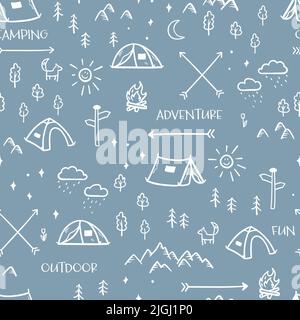 Cute hand drawn vector seamless pattern with camping doodles, tents, landscape and trails, great for textiles, banners, wallpapers- Stock Vector
