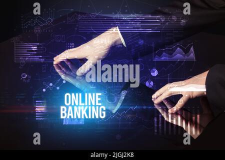 Businessman touching huge screen concept Stock Photo