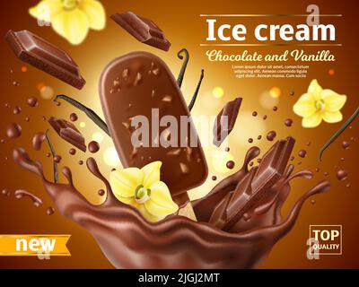 Realistic ice cream poster. Chocolate popsicle with vanilla flavor in cocoa splash, flying flowers, glaze with nuts, summer product advertising Stock Vector