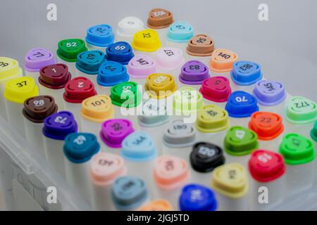 Thick felt tip pens, colorful set. Color number markers. A box full of colorful markers. The concept of education and creativity. Stock Photo