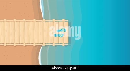 wooden bridge in turquoise water with flip flops summer background Stock Vector