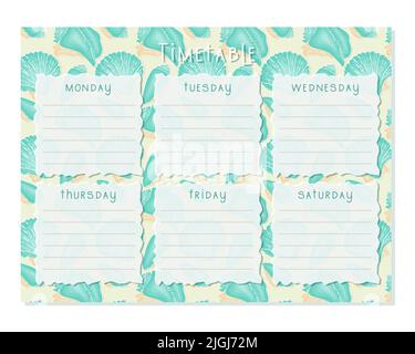 Timetable ,seashells, Class schedule, weekly calendar , schedule. Organizer information template. Empty school timetable, Planning sheet planning. Vector illustration Stock Vector