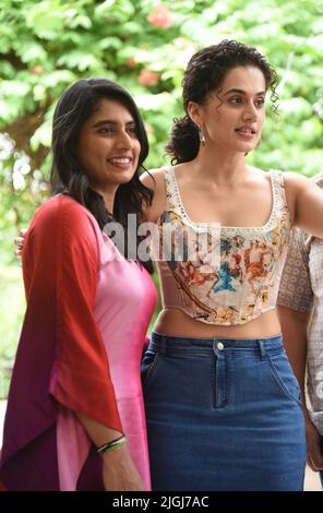 July 11, 2022, New Delhi, India: Bollywood star Taapsee Pannu (right) poses for a photo with former Test and One Day International (ODI) captain of the India women's national cricket team, Mithali Raj in New Delhi. Taapsee plays the titular role in Shabaash Mithu, an upcoming Indian Hindi-language biographical sports drama film based on the life of former Test and One Day International (ODI) captain of the India women's national cricket team, Mithali Raj. (Credit Image: © Sondeep Shankar/Pacific Press via ZUMA Press Wire) Stock Photo