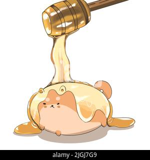 Sweet angry gentle cat lies on its tummy and is poured with honey Stock Vector