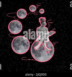 Contemporary art collage. Fashionable young woman sitting on small unknown planet at night over dark space background. Surrealism Stock Photo