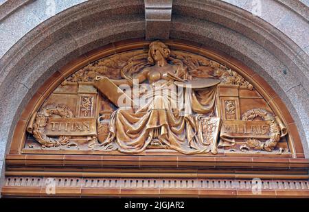 Midland Hotel Manchester Glazed Terracotta ceramic frieze, painting, by Titian and Millais, 16 Peter St, Manchester, M60 2DS Stock Photo