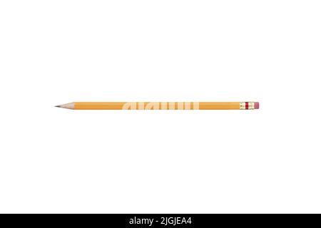 Realistic yellow pencil sharpened with red rubber isolated on white background. Wooden school pencil Stock Photo